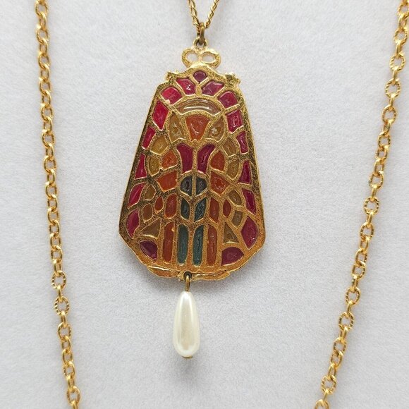 Stained Glass Inspired Pendant Necklace With Faux Pearl Drop On Long Gold Tone - Picture 3 of 5